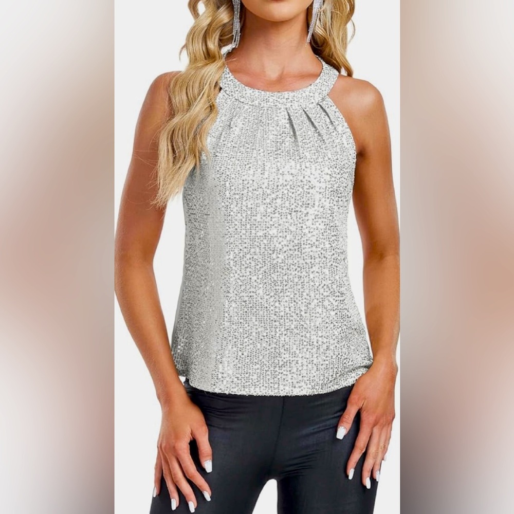NWOT American Trends White Pleated sequinTank Top with Rounded Neckline